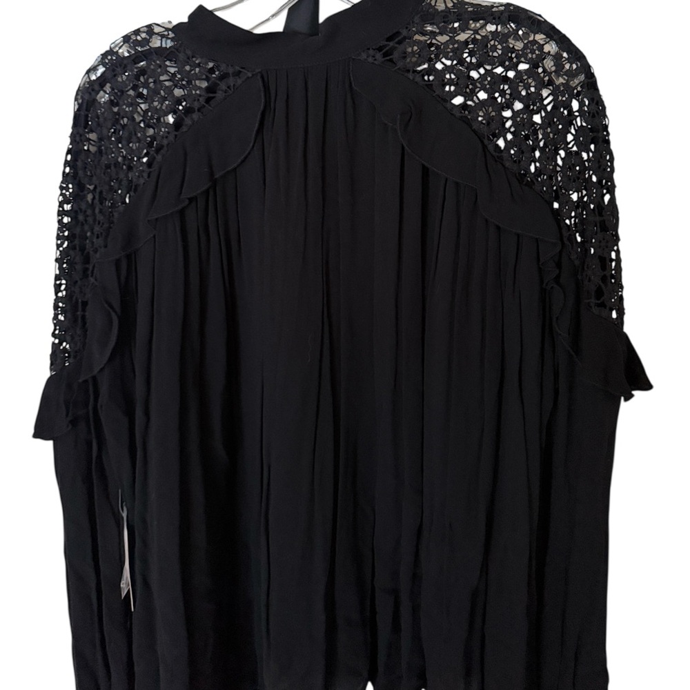 Free people large black, long sleeve blouse, opening in front lace detail